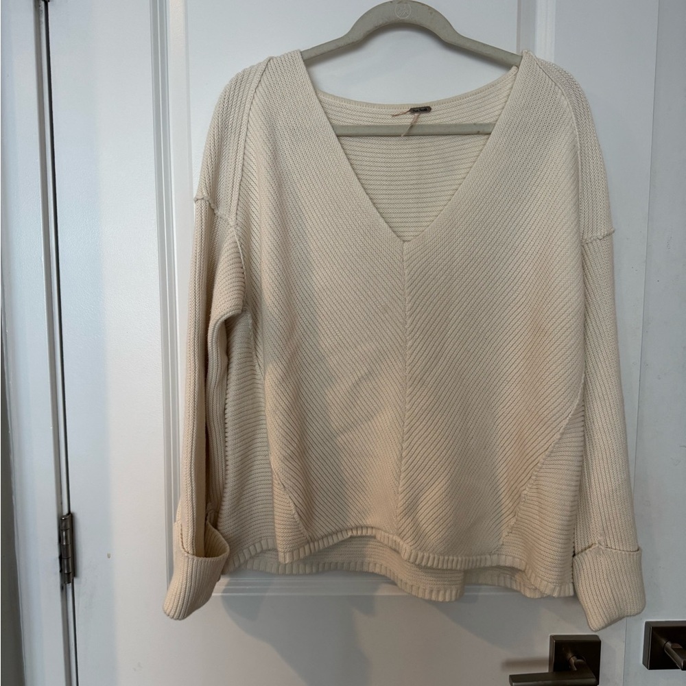 Free People La Brea Chunky Ribbed V-Neck Cream Sweater